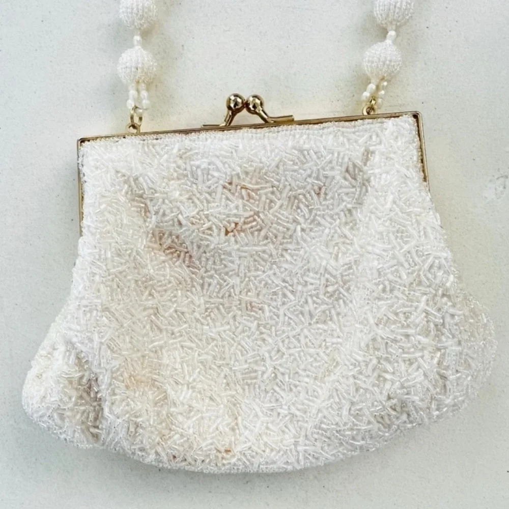Vintage 80s Cream Beaded Satin Mini Clutch - Picture 2 of 4
